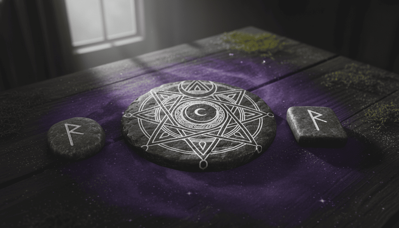 Simbolo esoterico con luna e rune su pietra rituale, circondata da luce mistica e geometrie sacre - Tarocchi Online Gratis