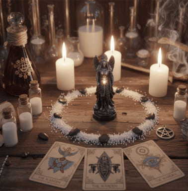 Cerchio rituale con candele, statue angeliche, carte dei Tarocchi e simboli esoterici su tavolo magico