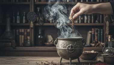 Mano che versa erbe in un calderone fumante, circondata da libri antichi e strumenti alchemici - Tarocchi Online Gratis