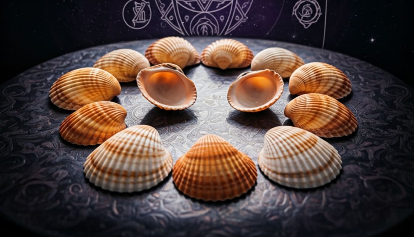 Cerchio di conchiglie su sfondo mistico con simboli cosmici, usato per lettura sì/no esoterica