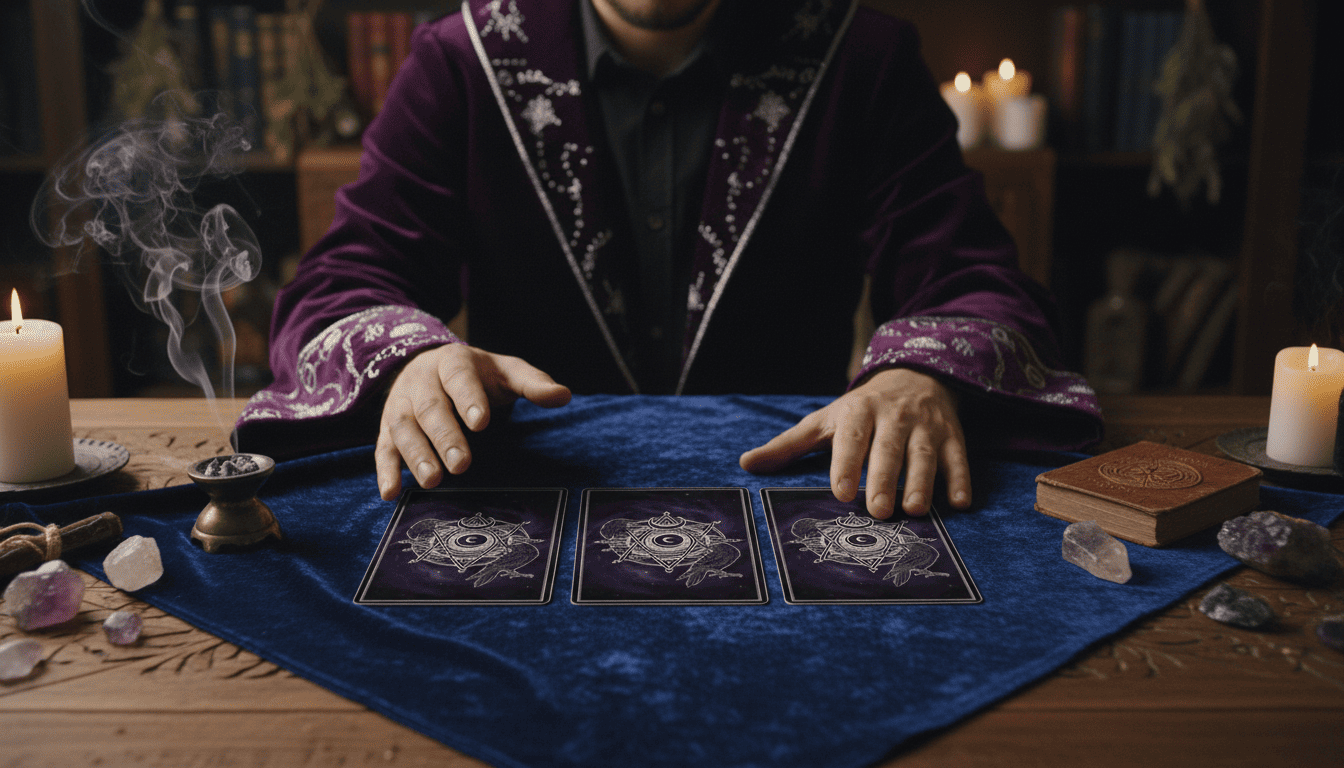 Lettura dei Tarocchi con carte coperte, cristalli e incenso su tavolo rituale esoterico - Tarocchi Online Gratis