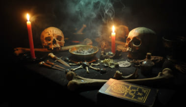 Rituale occulto con candele rosse, teschi e strumenti magici su tavolo esoterico fumante - Tarocchi Online Gratis