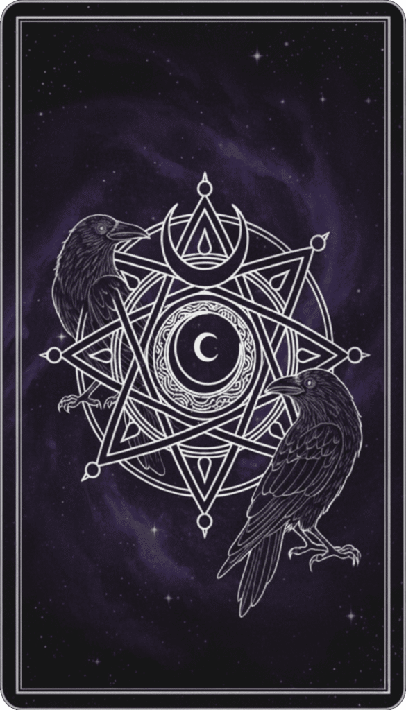 Retro di carta dei Tarocchi con luna crescente, simboli geometrici e corvi su sfondo cosmico viola - Tarocchi Online Gratis